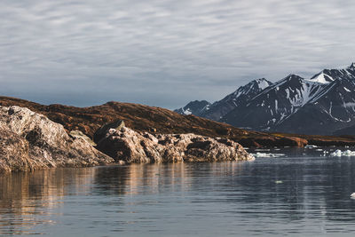 Scenic view of lake and mountains against sky