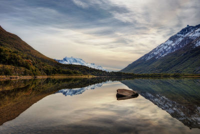 Scenic view of lake by mountains against sky