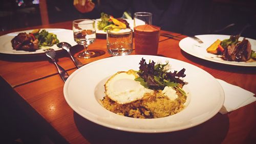 Close-up of food served on table