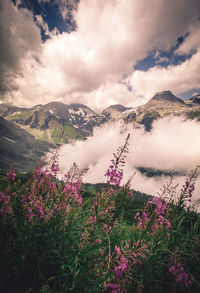 Scenic view of mountains against cloudy sky