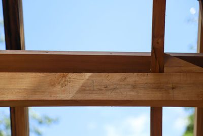 Low angle view of wooden table against clear sky