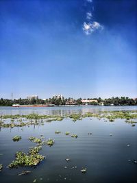 Scenic view of lake against blue sky