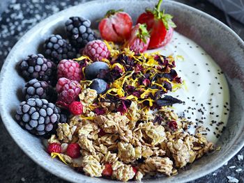 High angle view of breakfast in bowl on table