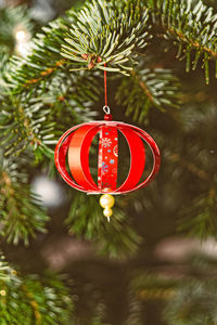 Close-up of christmas decoration hanging on tree