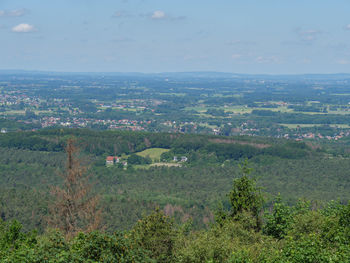 High angle view of trees on field against sky