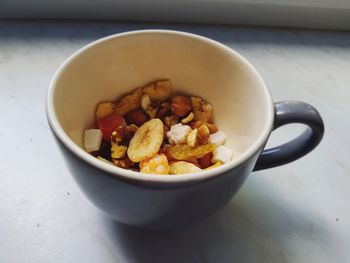 High angle view of salad in bowl on table