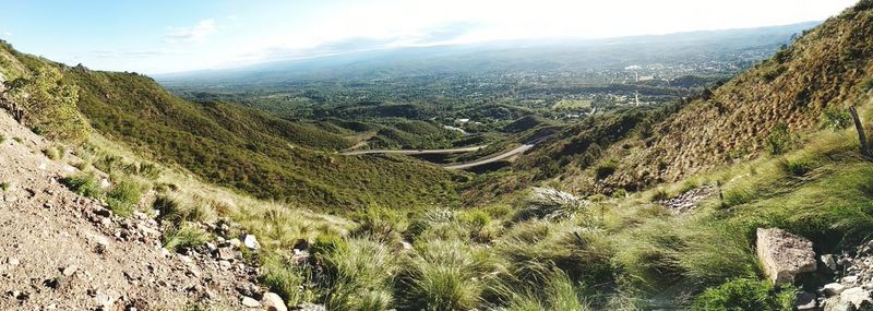 High angle view of valley against sky