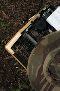 High angle view of camera on field