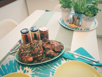 High angle view of breakfast on table