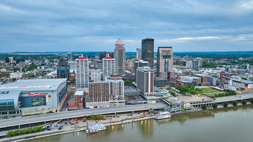 High angle view of cityscape against sky