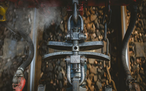 Close-up of metal hanging outside building