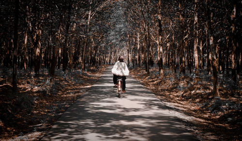 Rear view of woman riding bicycle in forest