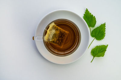 Nettle infusion in transparent cup, a sachet in water, a white saucer  and nettle leaves. 