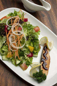 High angle view of food in plate on table