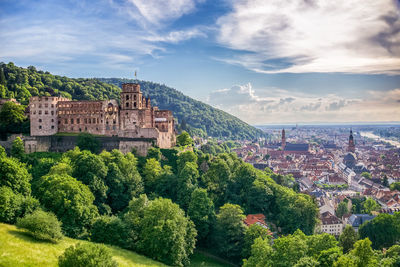 Panoramic view of trees and buildings against sky