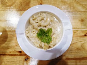 High angle view of soup in bowl on table