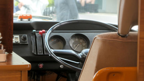 Close up of steering wheel inside vintage volkswagen