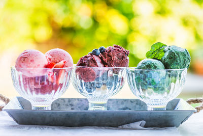 Close-up of ice cream in glass bowl on table