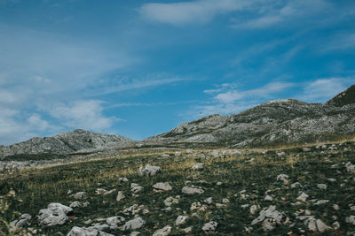 Scenic view of mountains against blue sky