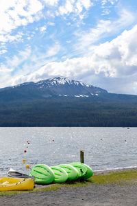 Scenic view of lake by mountains against sky
