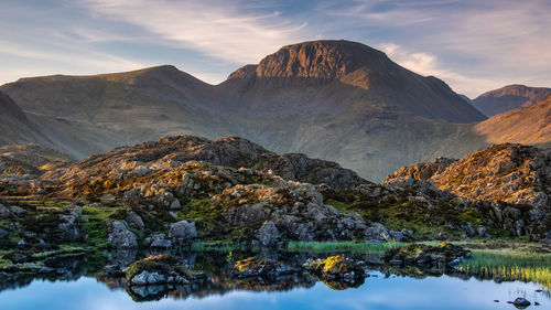 Scenic view of lake and mountains against sky