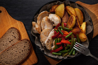 High angle view of food in plate on table