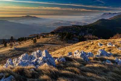 Scenic view of snow covered land against sky