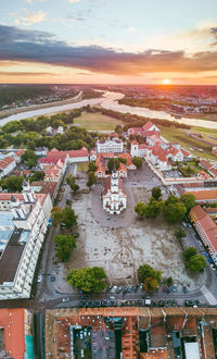 High angle view of river amidst buildings in city