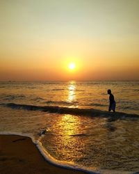 Silhouette man on beach against sky during sunset