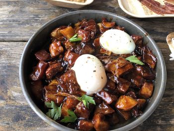 High angle view of food in bowl on table