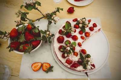 High angle view of fruits served on table