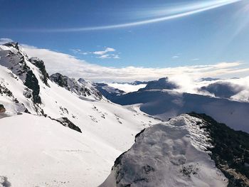 Scenic view of snowcapped mountains against sky