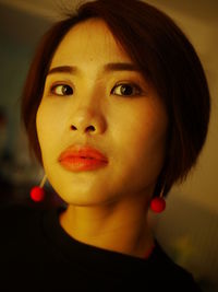 Close-up portrait of woman with red lipstick