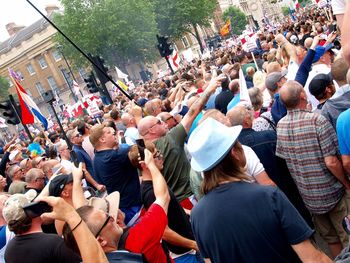 High angle view of people on street in city