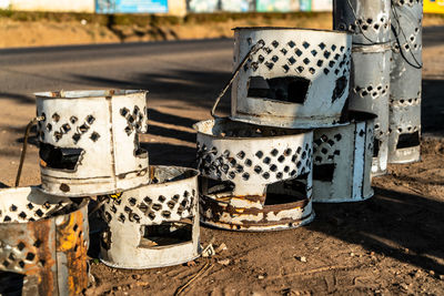 Close-up of old stack on table