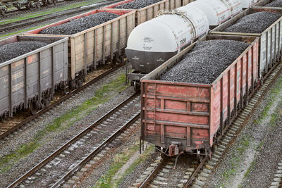 High angle view of train at railroad station