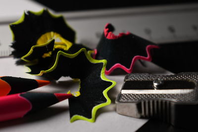 High angle view of multi colored candies on table