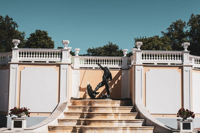 People on staircase against clear sky