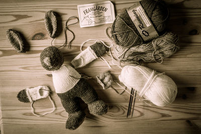 High angle view of objects on table