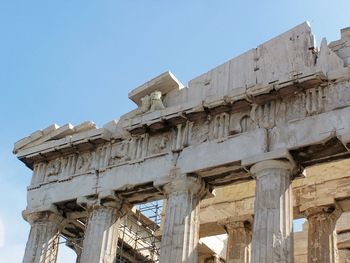 Low angle view of parthenon against clear sky on sunny day