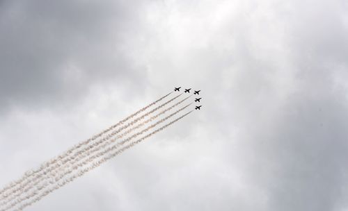 Low angle view of airplane flying against sky