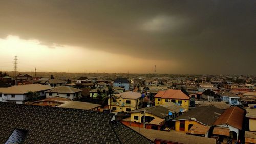 High angle view of townscape against sky at night