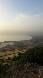 High angle view of land against sky