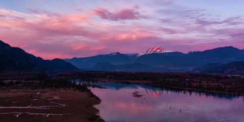 Scenic view of snowcapped mountains against sky during sunset