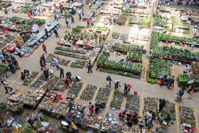 High angle view of people at flower market