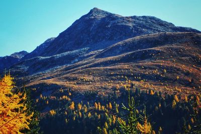 Scenic view of mountains against clear blue sky