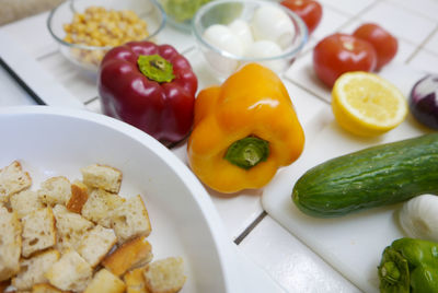 High angle view of ingredients on kitchen counter