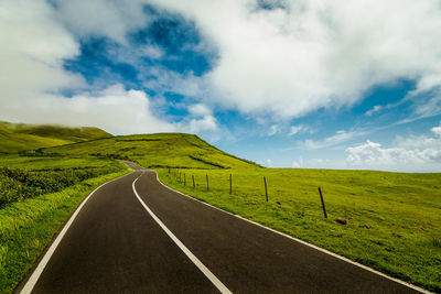 Empty road amidst field against sky