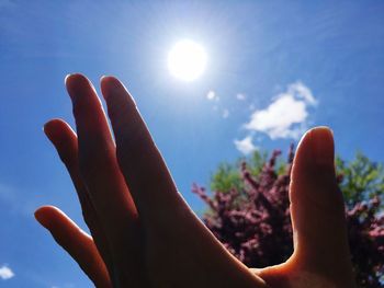 Close-up of hand against sky