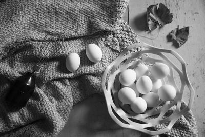 High angle view of eggs in container on table